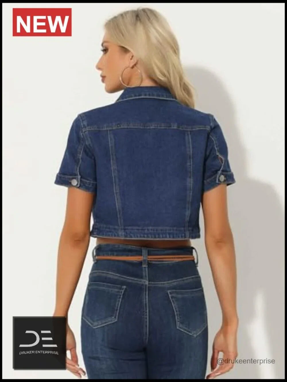 Crop Denim Jacket with Turndown Collar Short Sleeves